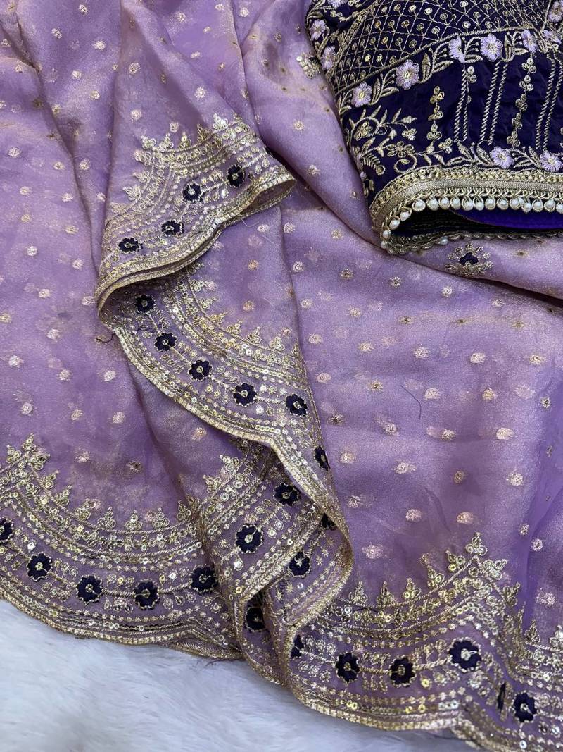 Lavender Color Sequance and Zari Embroidery Work Satin Saree