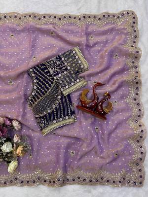 Lavender Color Sequance and Zari Embroidery Work Satin Saree 3