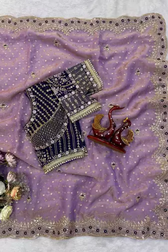 Lavender Color Sequance and Zari Embroidery Work Satin Saree