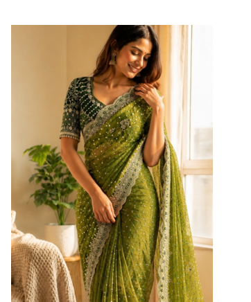 Parrot Green Color Sequance and Zari Embroidery Work Satin Saree 1
