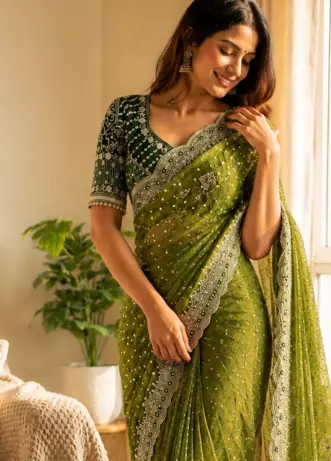 Parrot Green Color Sequance and Zari Embroidery Work Satin Saree