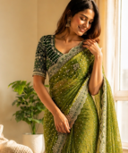 Parrot Green Color Sequance and Zari Embroidery Work Satin Saree