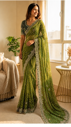 Parrot Green Color Sequance and Zari Embroidery Work Satin Saree 2