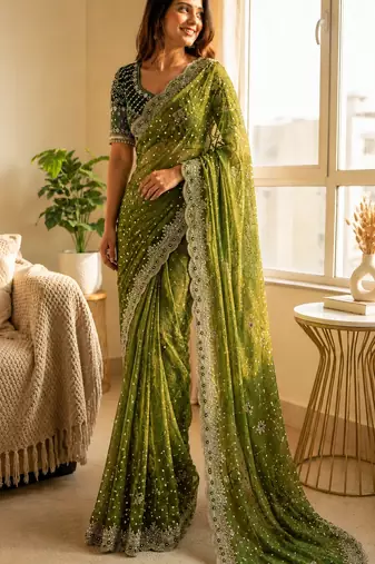 Parrot Green Color Sequance and Zari Embroidery Work Satin Saree