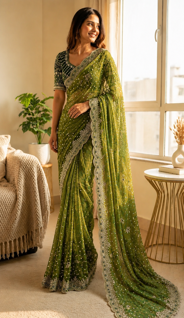 Parrot Green Color Sequance and Zari Embroidery Work Satin Saree