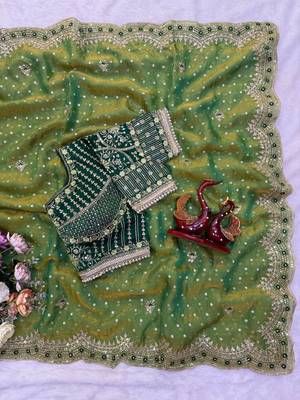 Parrot Green Color Sequance and Zari Embroidery Work Satin Saree 3