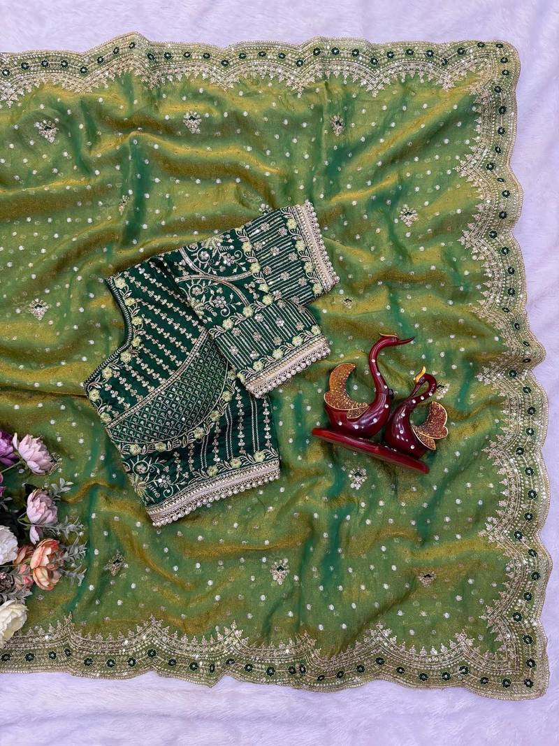 Parrot Green Color Sequance and Zari Embroidery Work Satin Saree