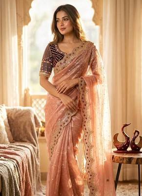 Peach Color Sequance and Zari Embroidery Work Satin Saree 1