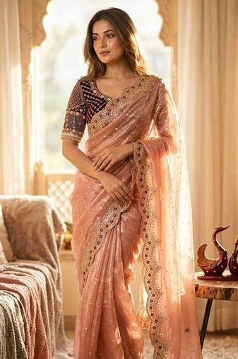 Peach Color Sequance and Zari Embroidery Work Satin Saree