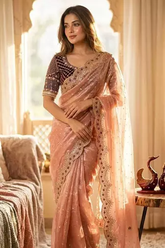 Peach Color Sequance and Zari Embroidery Work Satin Saree