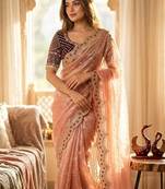 Peach Color Sequance and Zari Embroidery Work Satin Saree