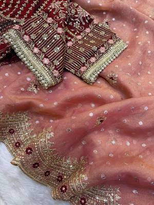 Peach Color Sequance and Zari Embroidery Work Satin Saree 2