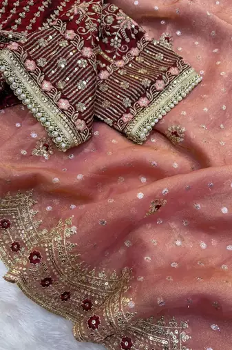 Peach Color Sequance and Zari Embroidery Work Satin Saree