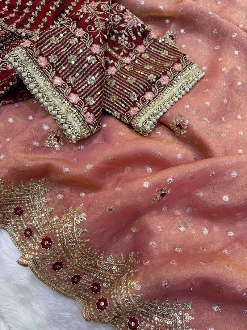 Peach Color Sequance and Zari Embroidery Work Satin Saree