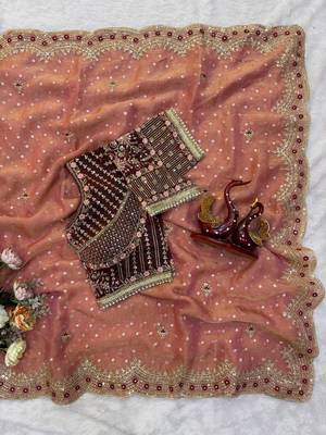 Peach Color Sequance and Zari Embroidery Work Satin Saree 3