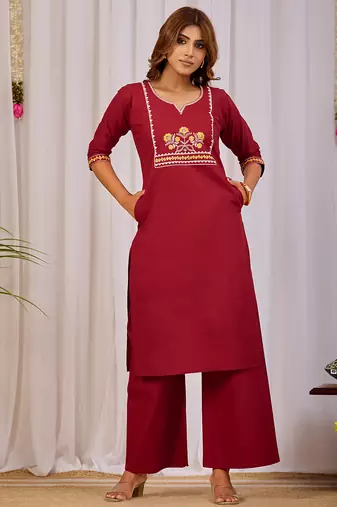  maroon dabu cotton kurti pant set