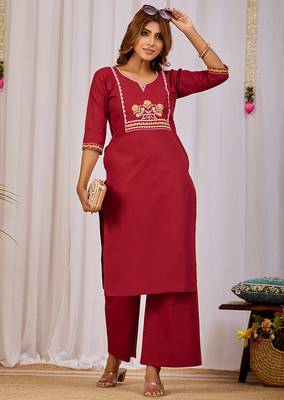  maroon dabu cotton kurti pant set 3