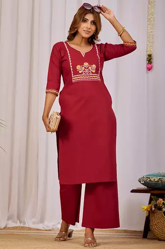  maroon dabu cotton kurti pant set