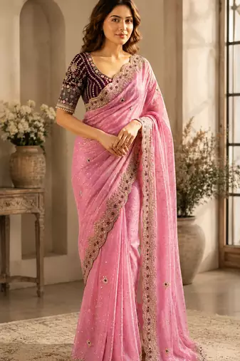 Pink Color Sequance and Zari Embroidery Work Satin Saree