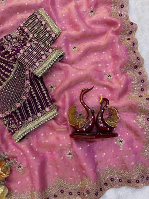 Pink Color Sequance and Zari Embroidery Work Satin Saree 2