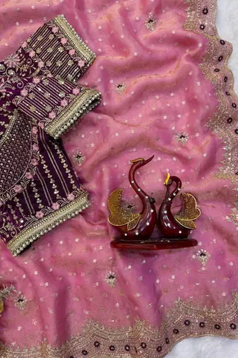 Pink Color Sequance and Zari Embroidery Work Satin Saree