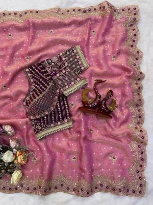 Pink Color Sequance and Zari Embroidery Work Satin Saree 3