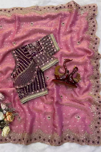 Pink Color Sequance and Zari Embroidery Work Satin Saree