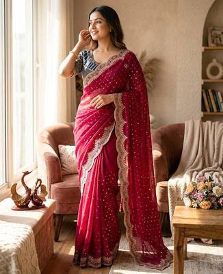Red Color Sequance and Zari Embroidery Work Satin Saree 1