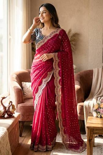 Red Color Sequance and Zari Embroidery Work Satin Saree