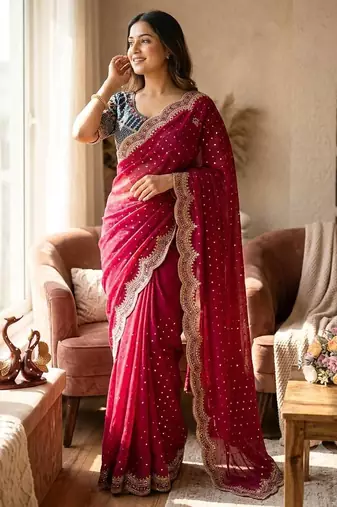 Red Color Sequance and Zari Embroidery Work Satin Saree