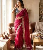 Red Color Sequance and Zari Embroidery Work Satin Saree