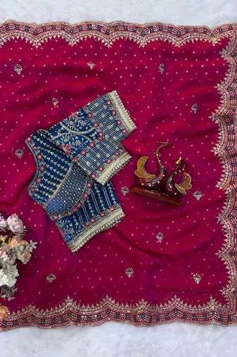 Red Color Sequance and Zari Embroidery Work Satin Saree
