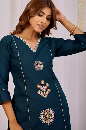 Elegant teal blue premium dabu cotton kurti pant set