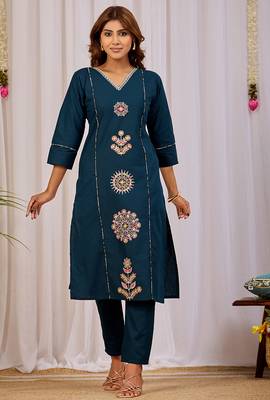 Elegant teal blue premium dabu cotton kurti pant set 3