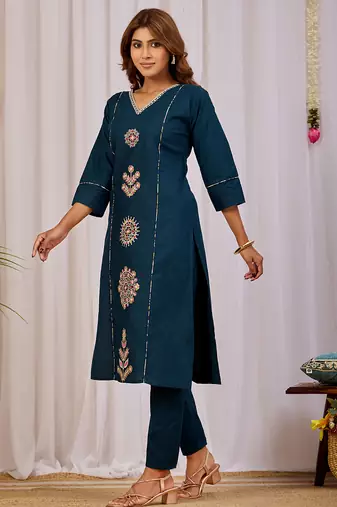 Elegant teal blue premium dabu cotton kurti pant set