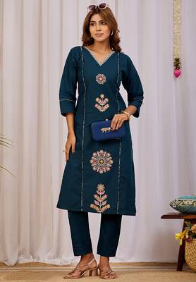 Elegant teal blue premium dabu cotton kurti pant set 5