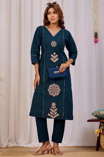 Elegant teal blue premium dabu cotton kurti pant set