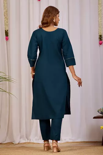 Elegant teal blue premium dabu cotton kurti pant set