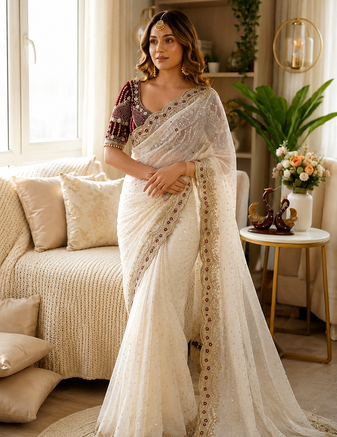 White Color Sequance and Zari Embroidery Work Satin Saree
