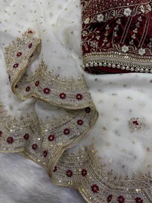 White Color Sequance and Zari Embroidery Work Satin Saree 2