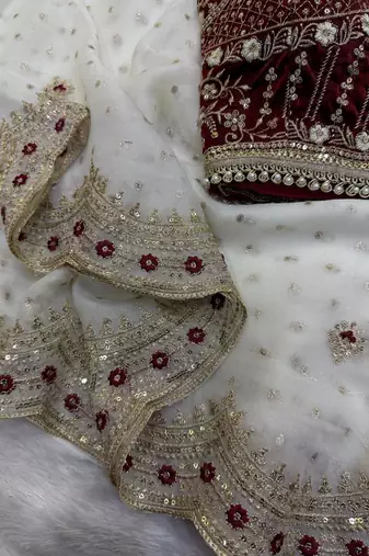 White Color Sequance and Zari Embroidery Work Satin Saree