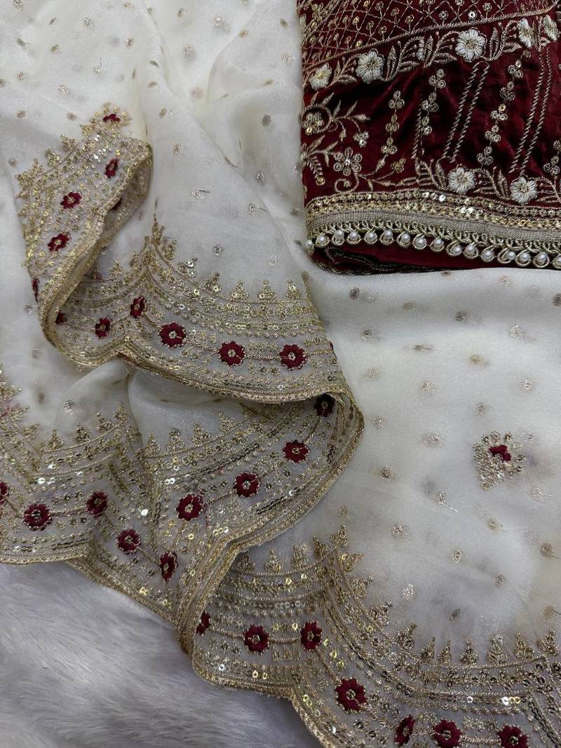 White Color Sequance and Zari Embroidery Work Satin Saree