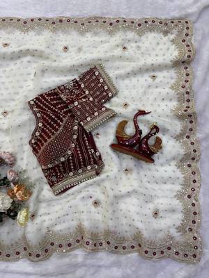 White Color Sequance and Zari Embroidery Work Satin Saree 3