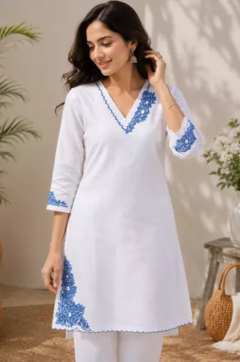 White blue embroidered kurti set