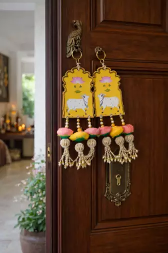 handmade cow design lotus mdf door hanging traditional festive decoration pack of 2
