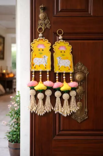 handmade cow design lotus mdf door hanging traditional festive decoration pack of 2