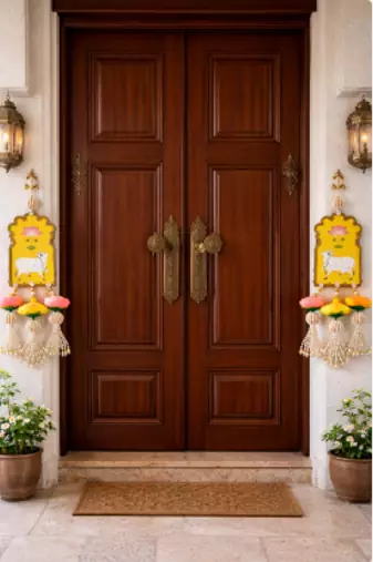 handmade cow design lotus mdf door hanging traditional festive decoration pack of 2