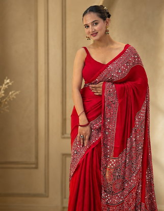 Red Color Beautiful Ajarakh print with Real mirror work and beautiful tussle Silk Blend Saree