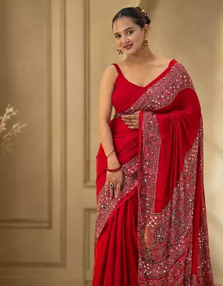 Red Beautiful Ajarakh print with mirror work and beautiful tussle Silk Blend Saree