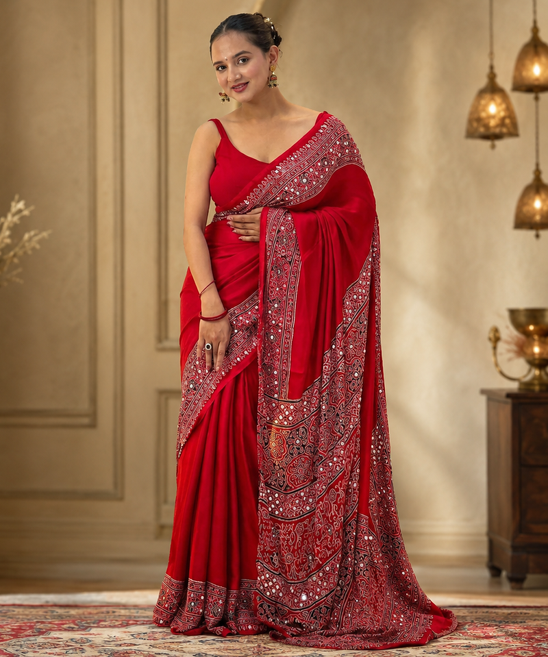 Red Color Beautiful Ajarakh print with Real mirror work and beautiful tussle Silk Blend Saree